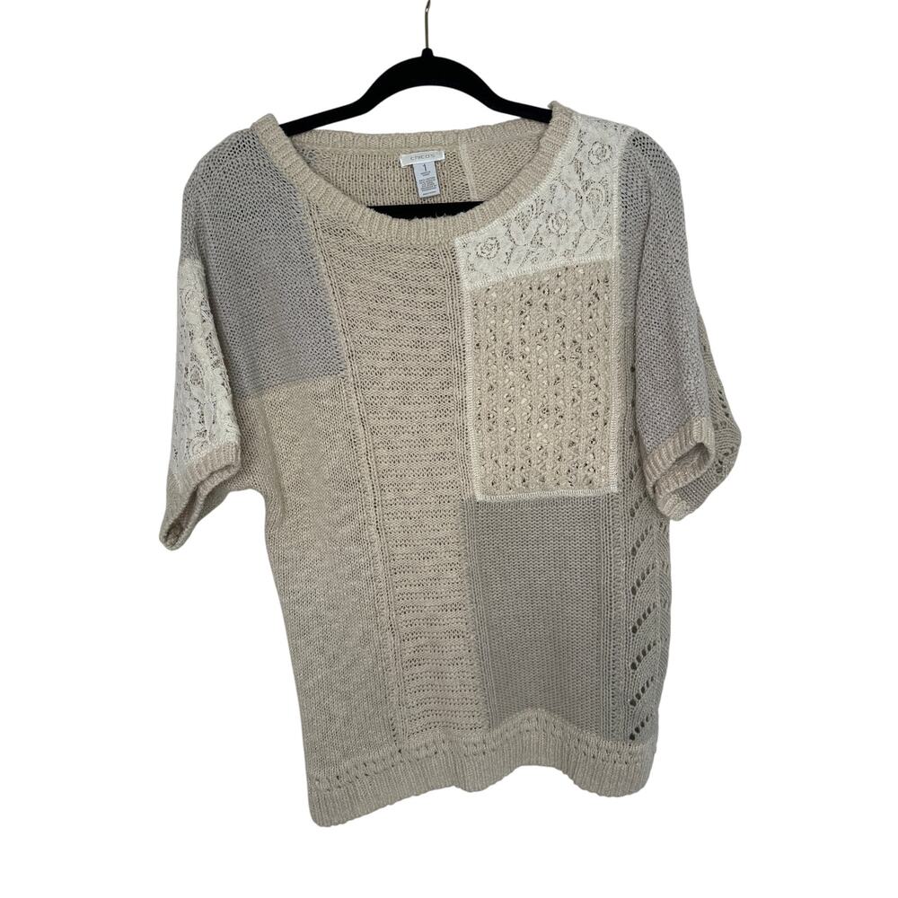 CHICOS Cotton Blend Beige Patchwork Lace Wool Blend Pullover Knit Boho Sweater M